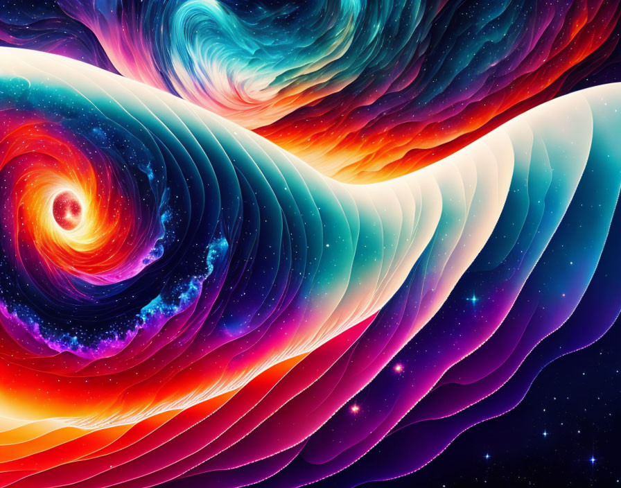 Colorful digital artwork of swirling cosmic scene with galaxy-like colors.