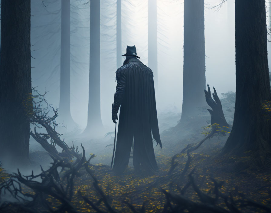 Mysterious figure in trench coat and hat in eerie, foggy forest