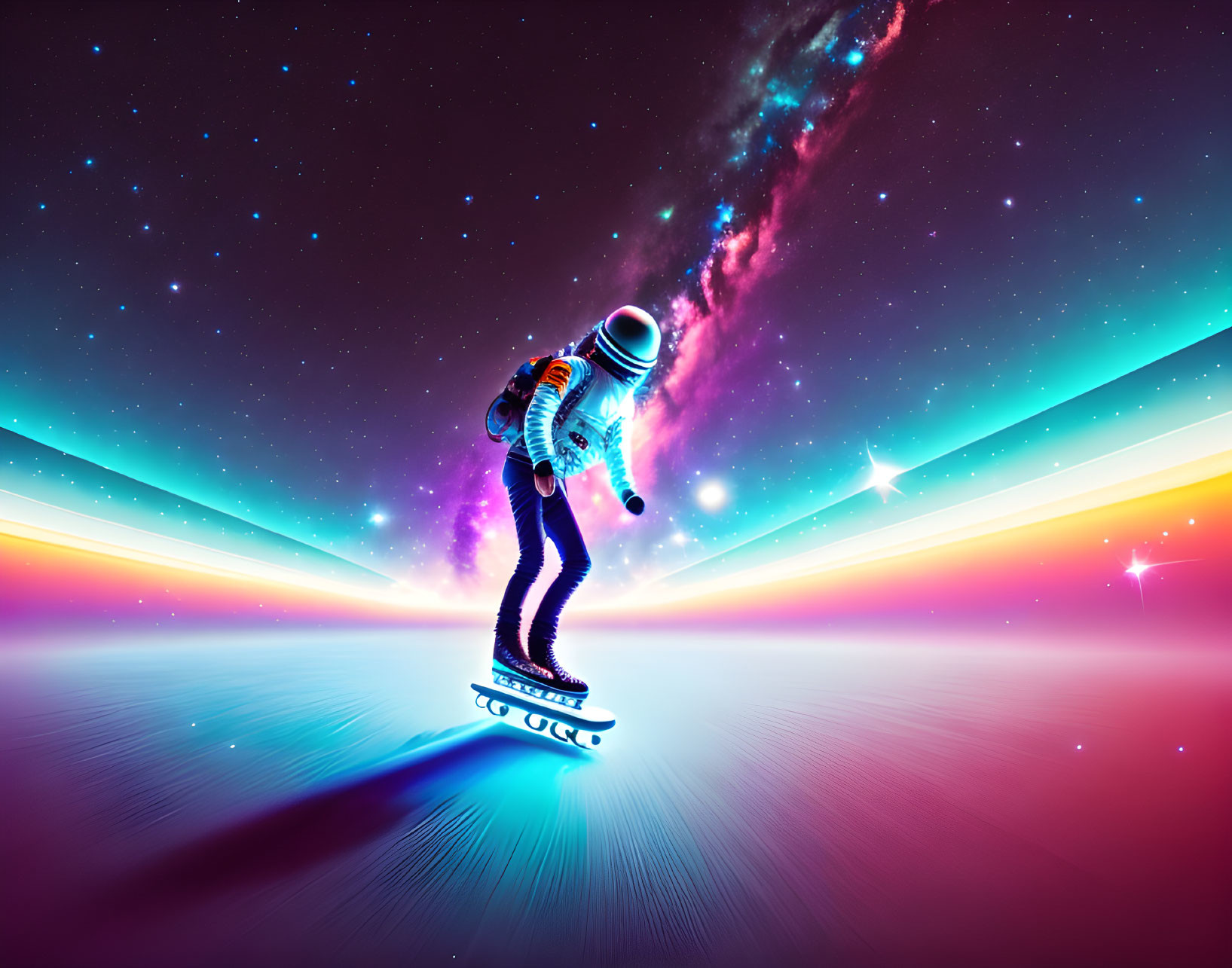 Astronaut skateboards through cosmic light trail with vibrant nebula.