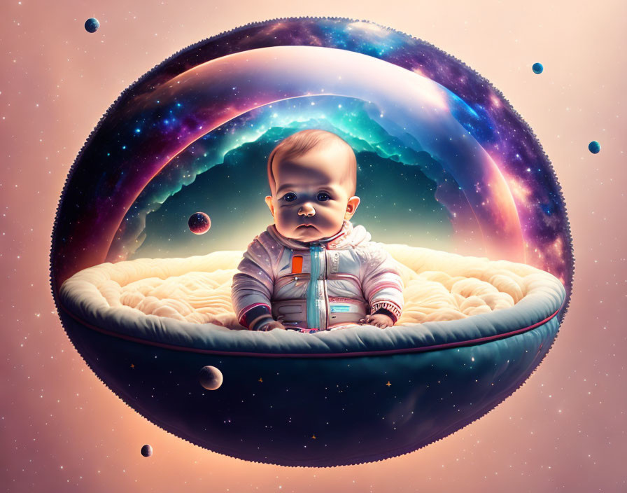 Baby in Spacesuit Sitting in Half-Shell Cradle Against Cosmic Backdrop