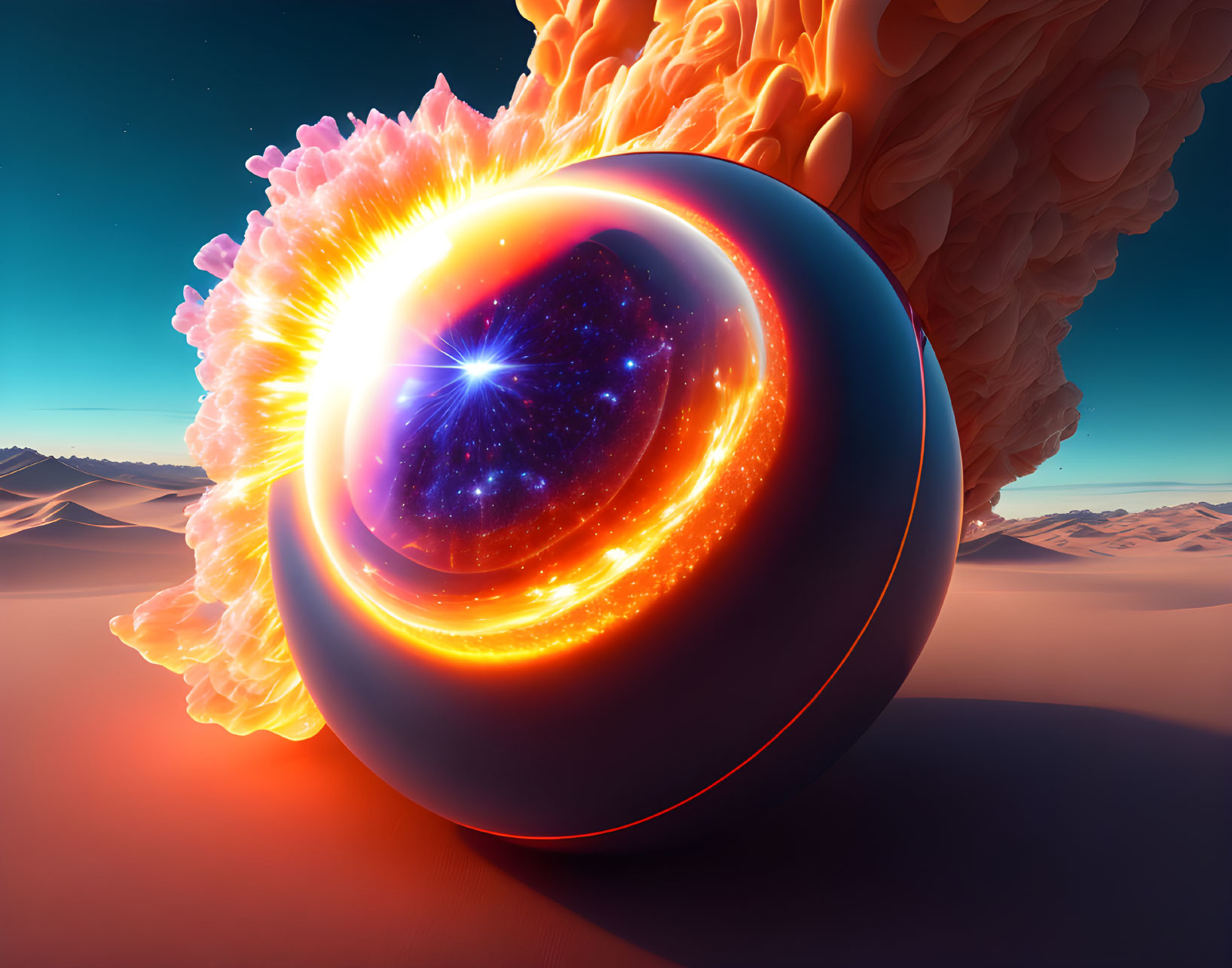 Surreal image of halved sphere with space explosion and desert background