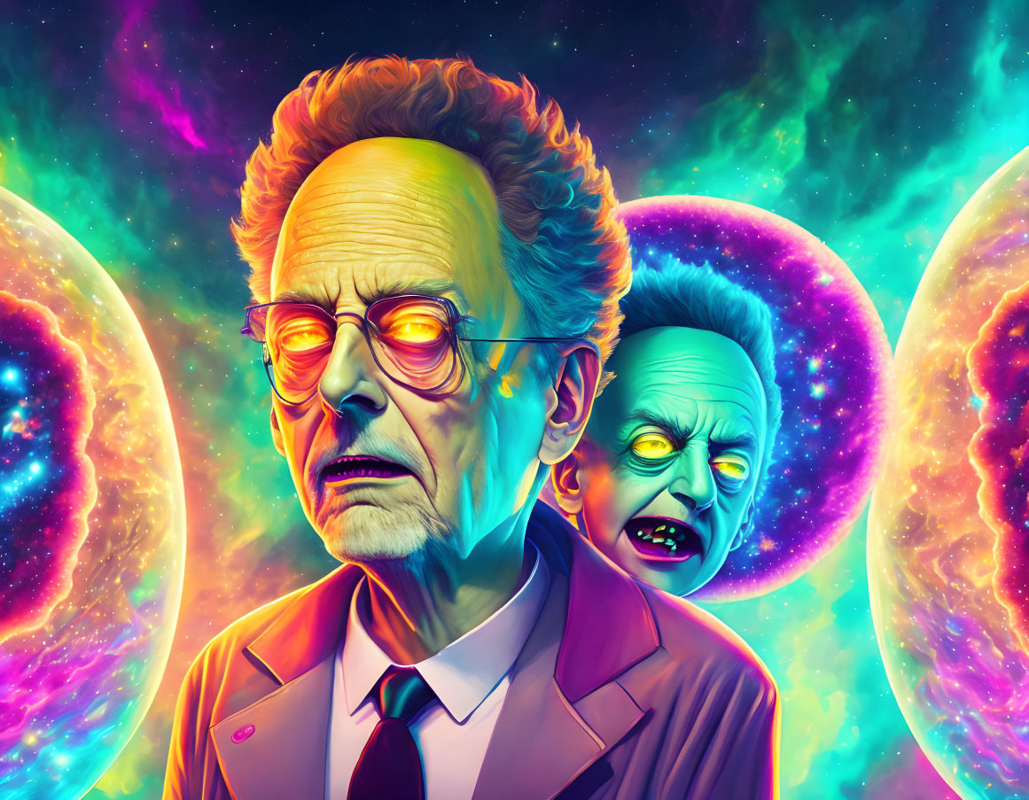 Colorful Cosmic Illustration Featuring Exaggerated Characters