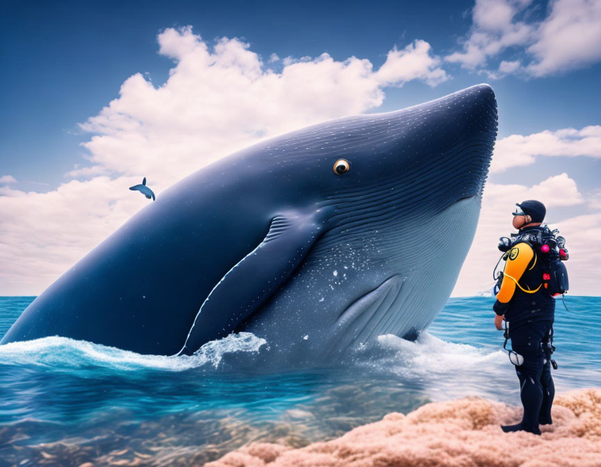 Diver on coral reef encounters breaching whale in blue sky