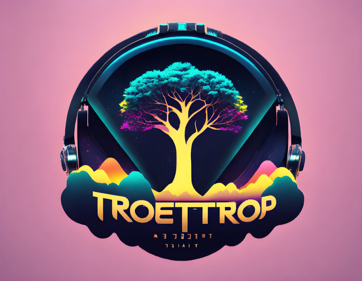 Vibrant tree silhouette in headphones with "TROETTRÖP" on pink background