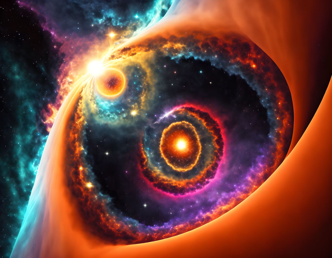 Colorful cosmic scene: bright star, swirling nebulae, orange eye-like celestial body