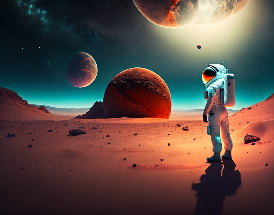 Astronaut on alien planet gazes at multiple celestial bodies
