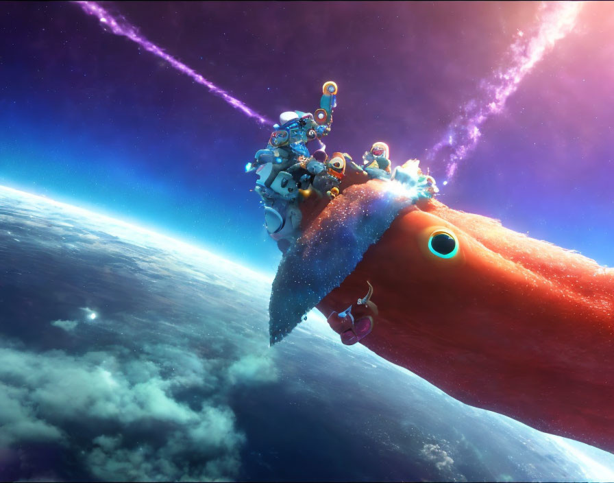 Colorful animated characters on giant red flying fish in space with purple streaks