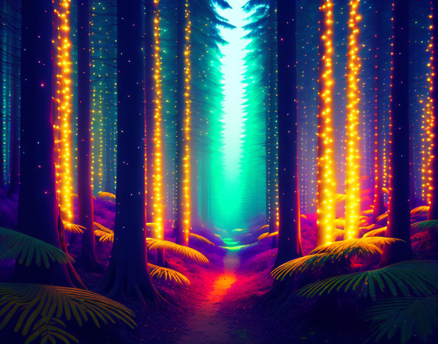 Enchanting forest pathway with glowing tree lights and vibrant ferns