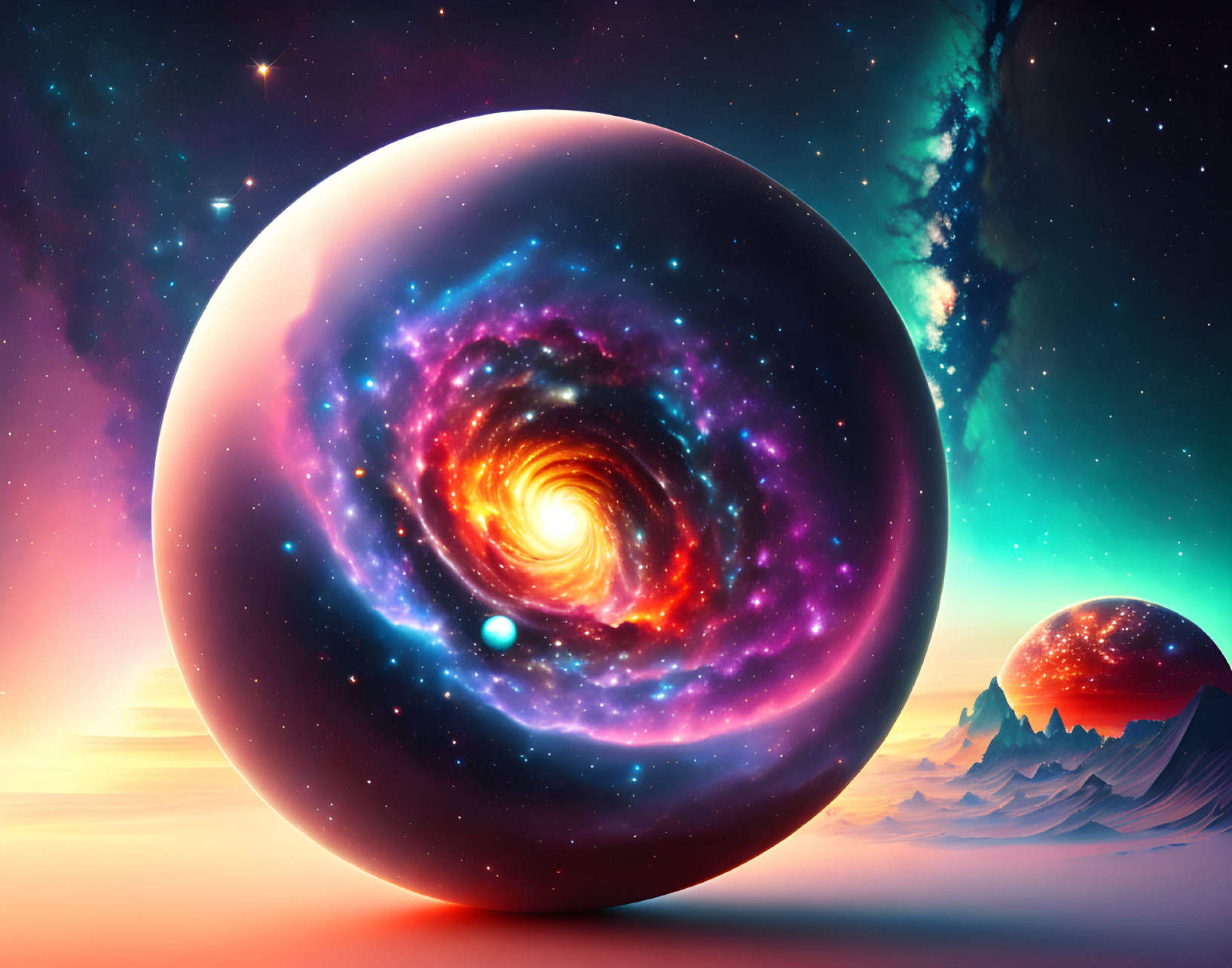 Surreal cosmic digital artwork with swirling galaxy orb and alien landscape.