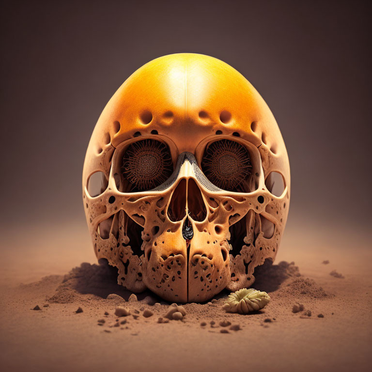 Detailed surrealist skull with ornate carvings and cogwheel eyes on warm-toned backdrop.