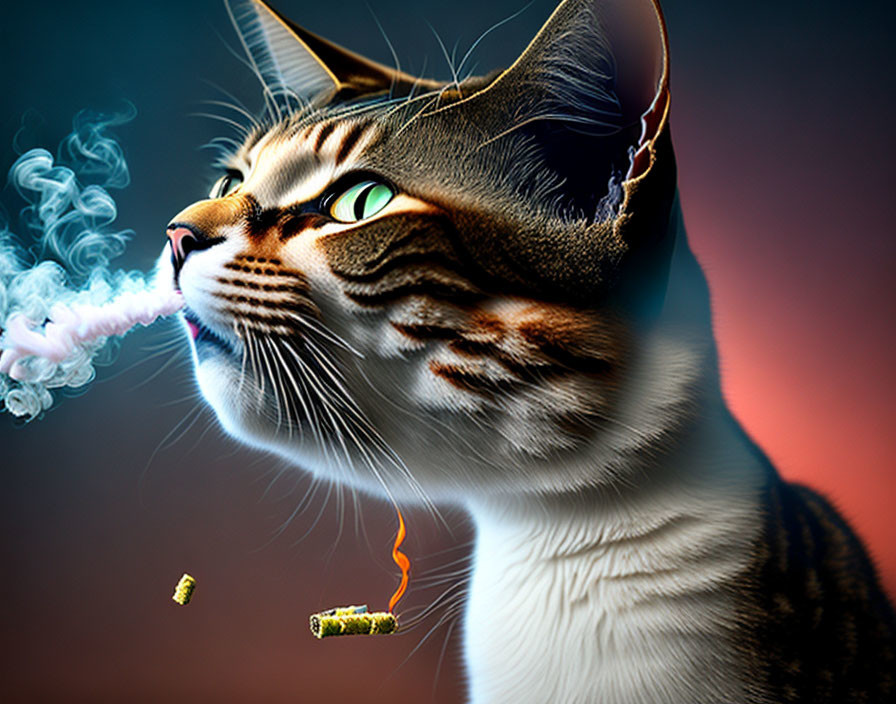 Anthropomorphized cat digital artwork with green eyes and smoking, set against vibrant blue smoke and
