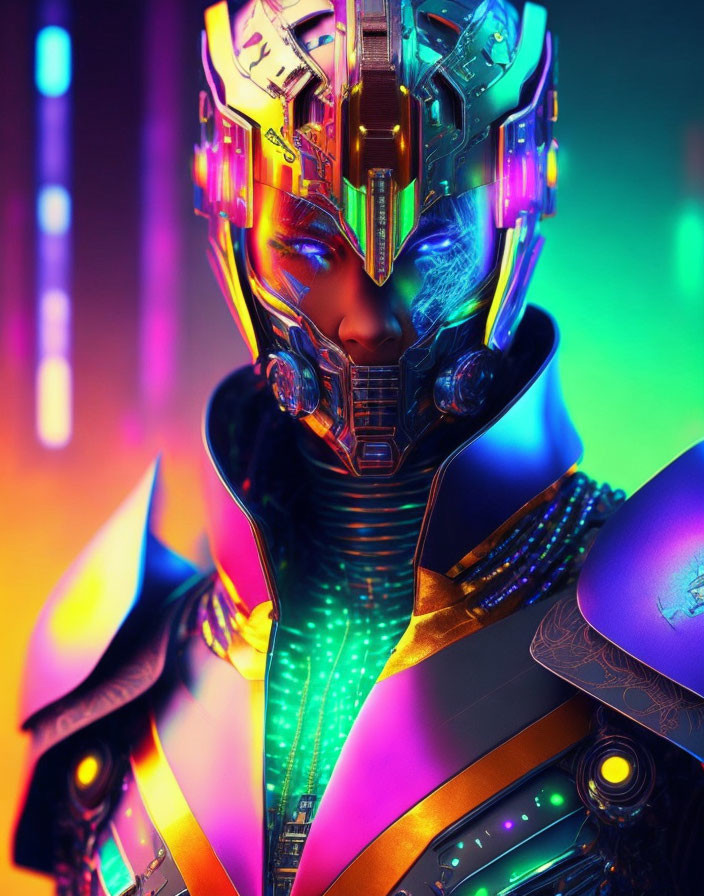 Colorful futuristic robotic figure with vibrant helmet and neon lights.
