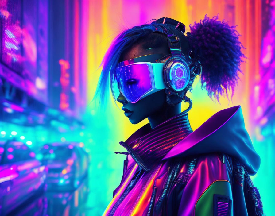 Futuristic Woman in Neon Lights with Headphones and Visor