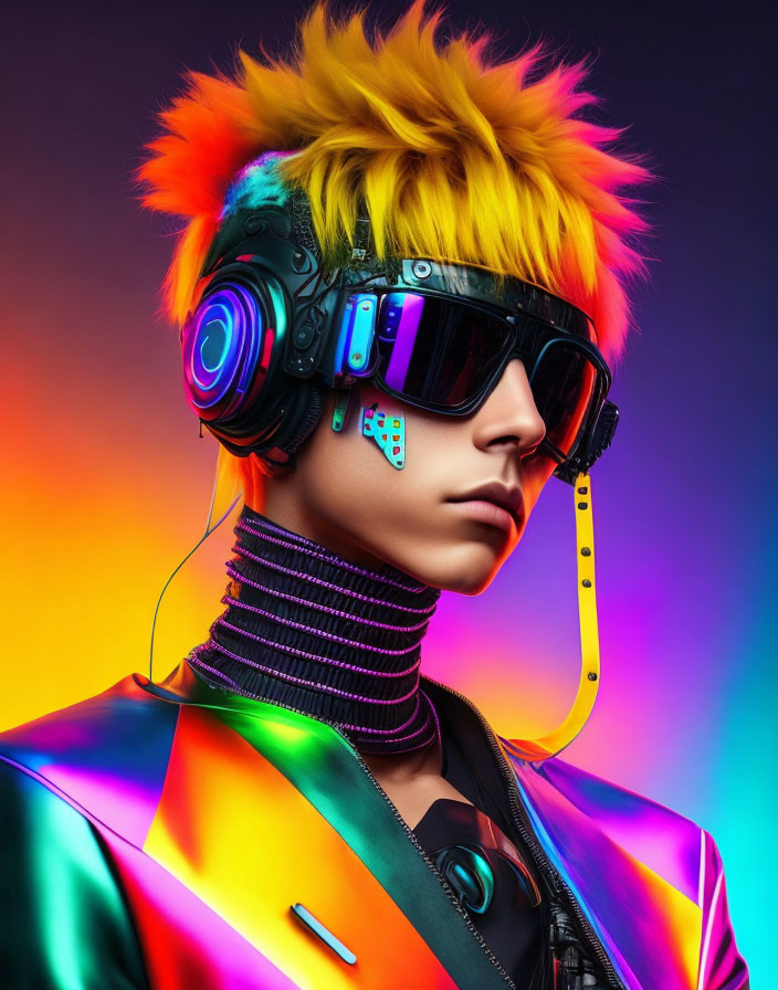 Vibrant Multicolored Hair and Futuristic Goggles on Person in Rainbow Jacket