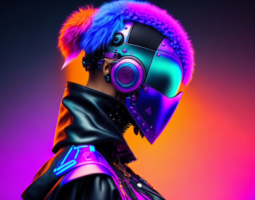 Profile of futuristic person in neon-lit helmet and leather jacket on gradient backdrop