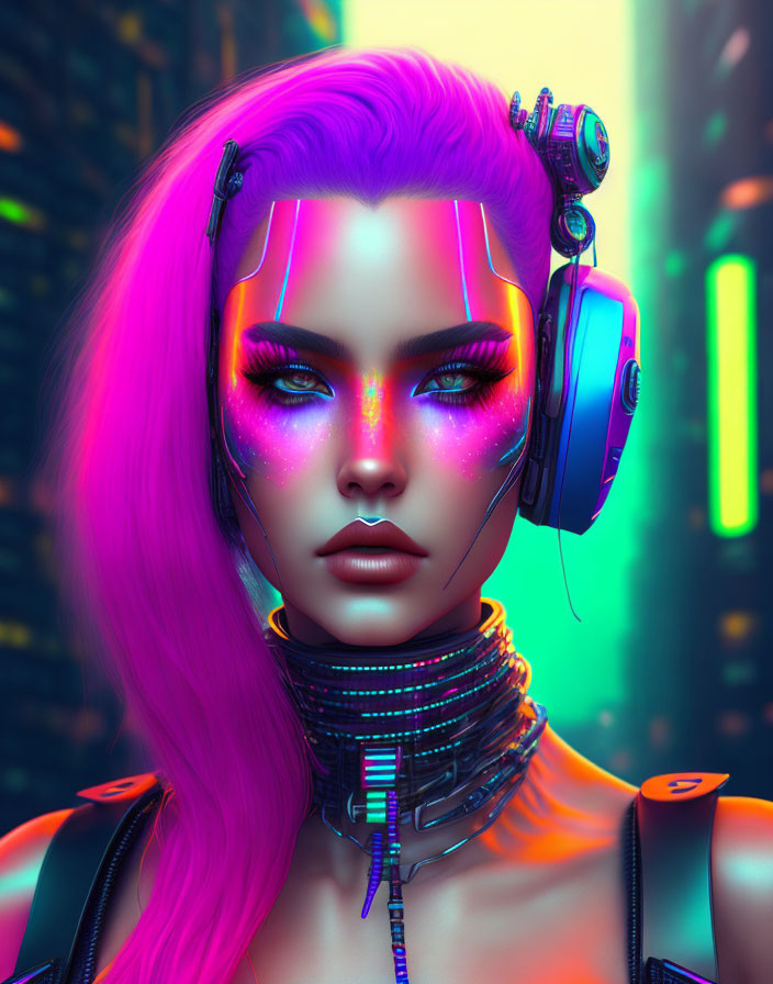 Colorful cyberpunk portrait of woman with purple hair and neon face paint in futuristic headphones against glowing city