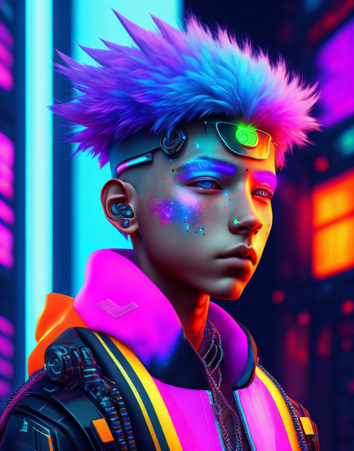 Character with Spiked Purple Hair and Futuristic Attire in Neon-lit Setting