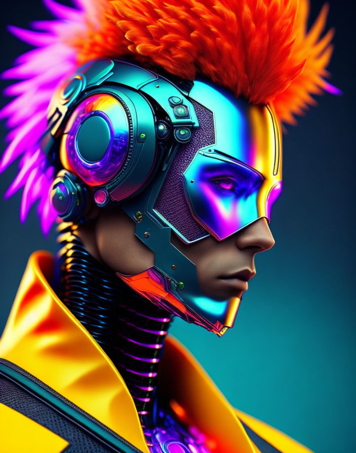 Futuristic character portrait with robotic head and mohawk