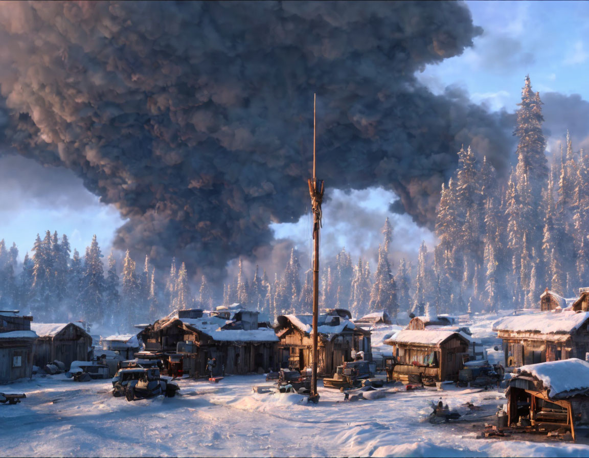Snowy village scene with wooden houses, dark smoke, pine trees, and blue sky