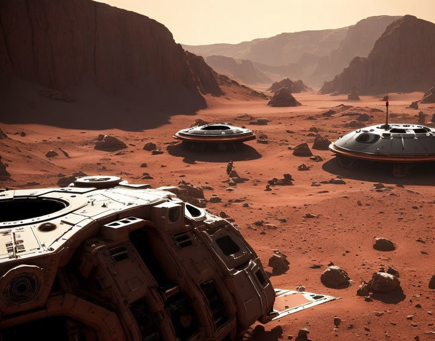 Rocky Martian Landscape with Futuristic Spacecraft and Hazy Sky