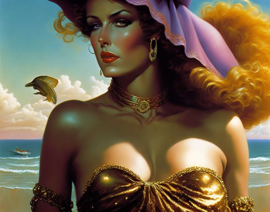 Stylized portrait of woman with curly hair in golden attire on beach with dolphin & boat