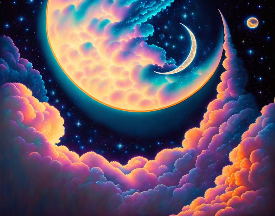 Surreal artwork of crescent moon in star-filled sky