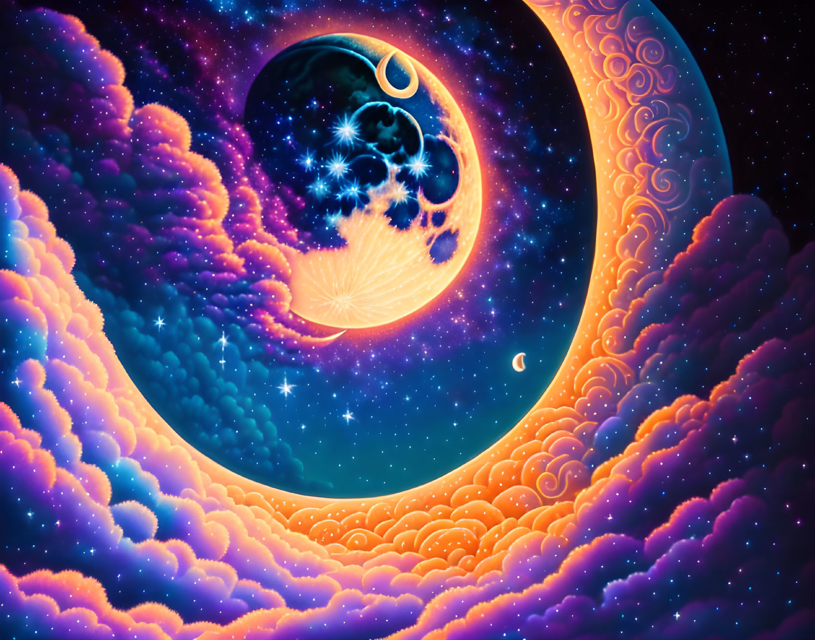 Colorful Digital Artwork: Crescent Moon with Cosmic Elements