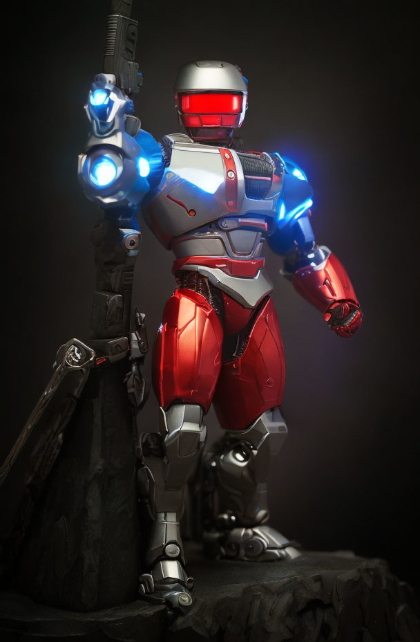 Futuristic red and silver robot with glowing blue lights and advanced armaments pose heroically