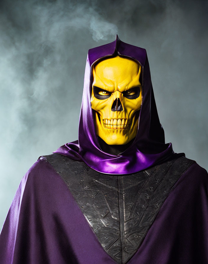 Purple hooded cloak and yellow skull mask in smoky background