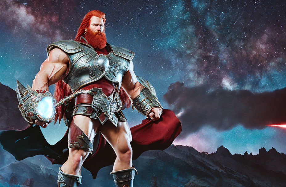 Red-bearded warrior in ornate armor wields hammer against cosmic backdrop