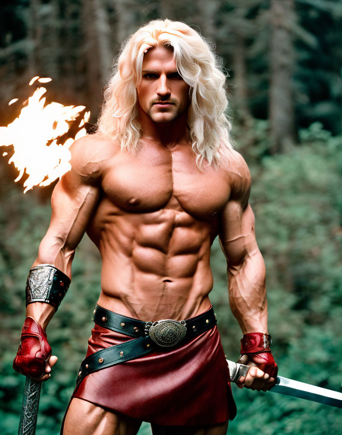 Blonde muscular man in warrior attire with sword and torch in forest