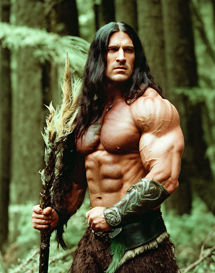 Muscular person in fantasy barbarian attire with spear in forest setting