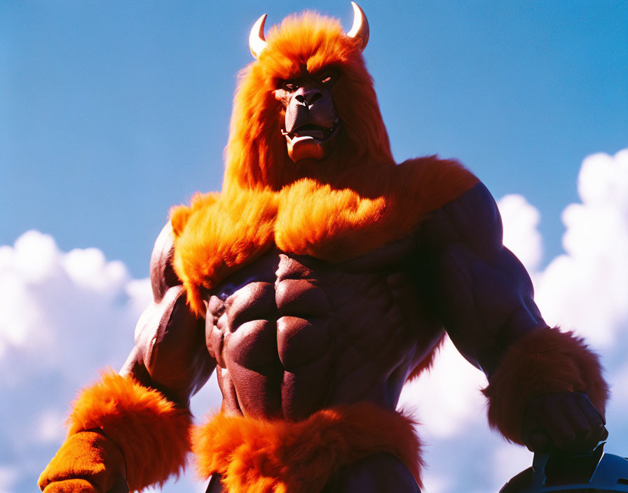Muscular lion mascot in orange costume against blue sky with clouds