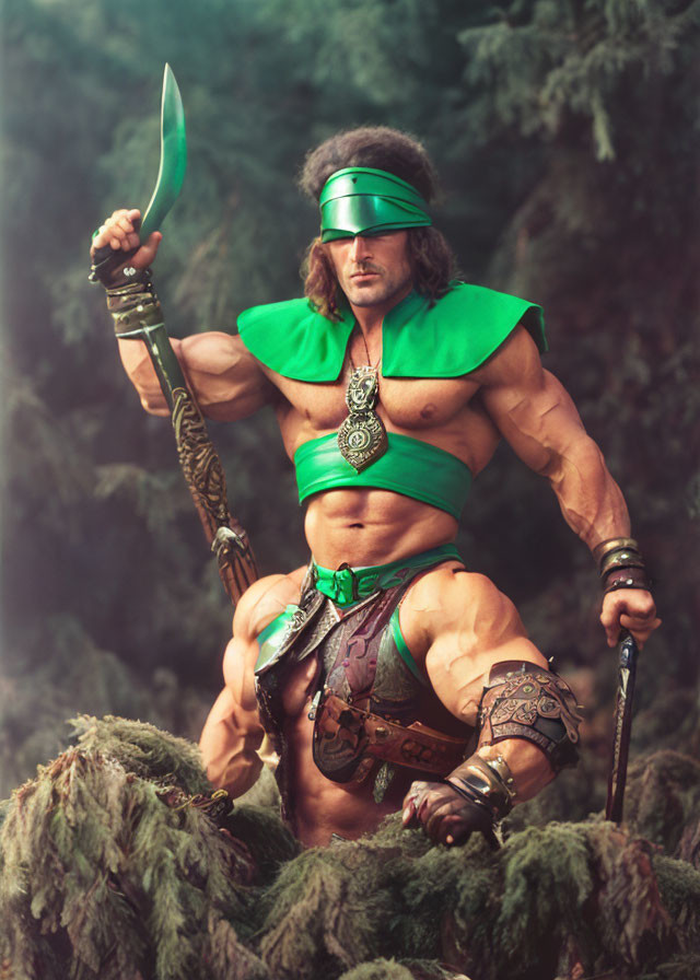 Muscular fantasy warrior in headband wields curved sword in misty forest.