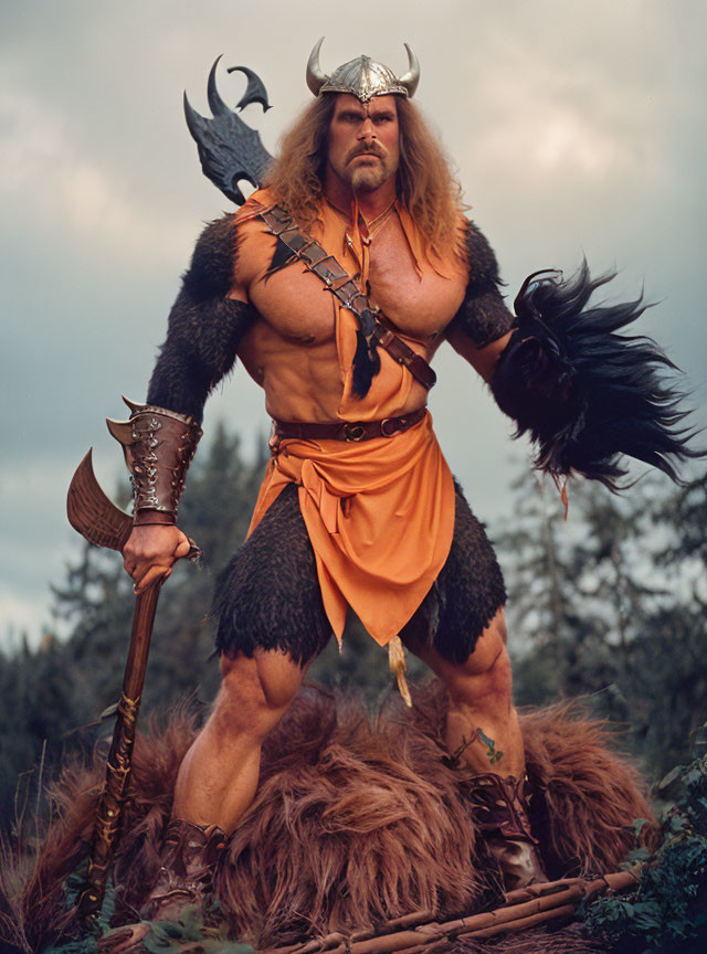 Viking costume with helmet, axe, and fur in outdoor setting