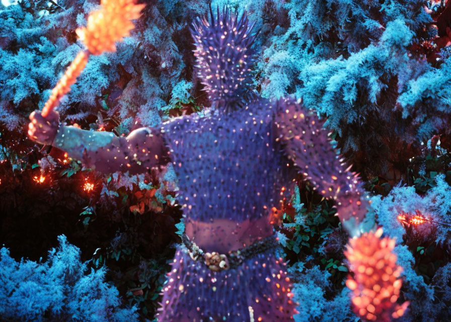 Spiky Purple Costume Figure with Orange Torches in Blue Foliage