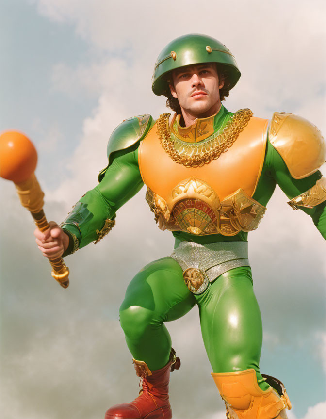 Stylized superhero in green and gold armor with scepter against cloudy sky