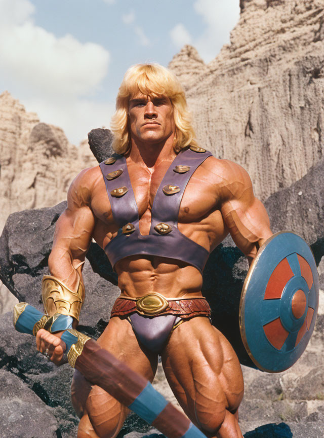 Blond Muscular Man in Fantasy Warrior Attire with Sword and Shield
