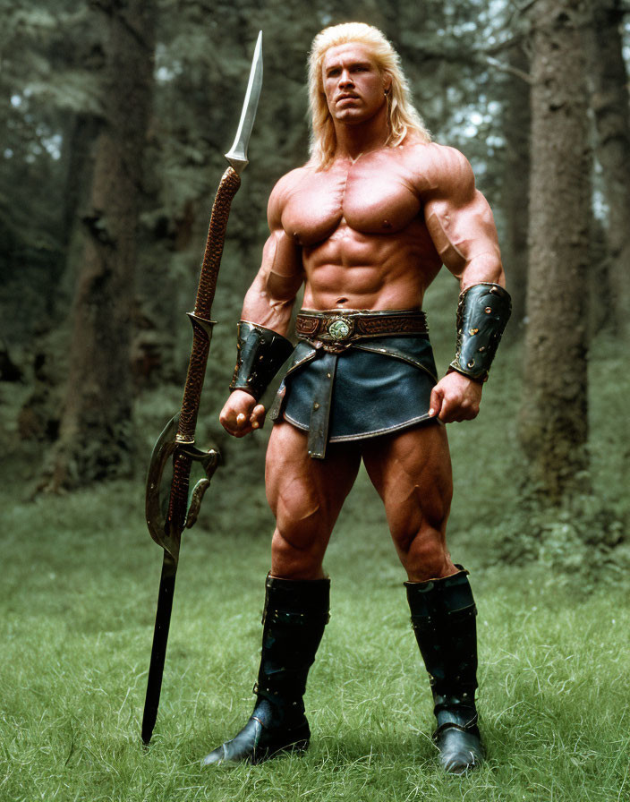 Blond warrior in fantasy costume with sword in forest