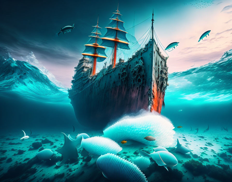 Sunken ship surrounded by fish, jellyfish, seashells in icy mountain backdrop