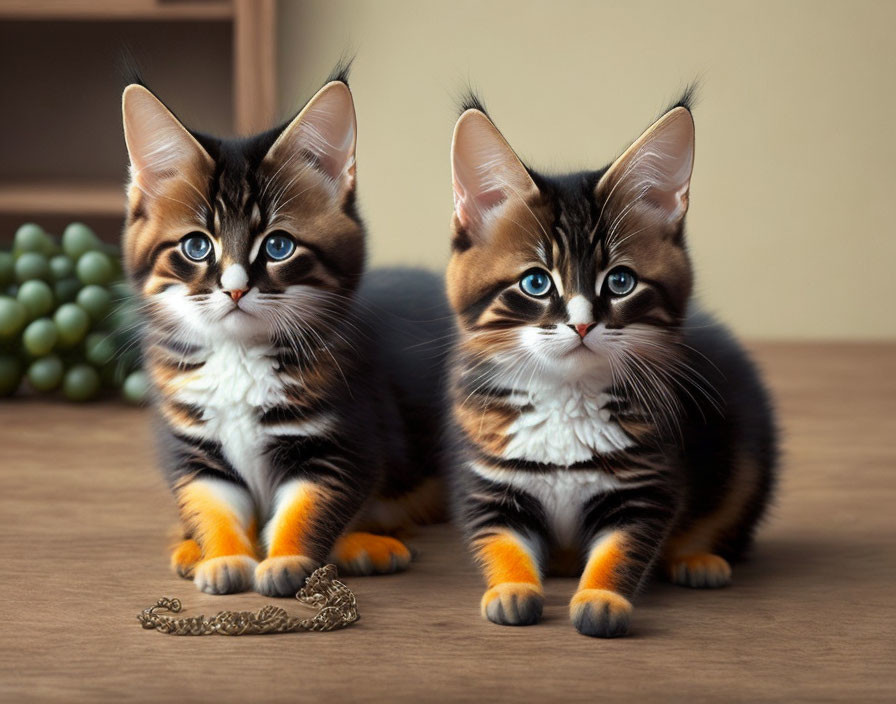 Two Striped Fur Kittens Sitting Next to Chain on Wooden Surface