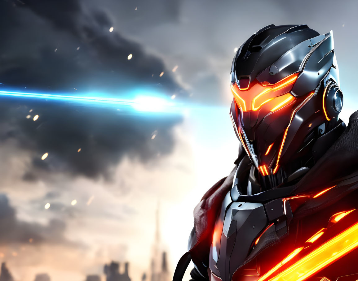 Detailed Close-Up of Glowing Iron Man Helmet and City Skyline