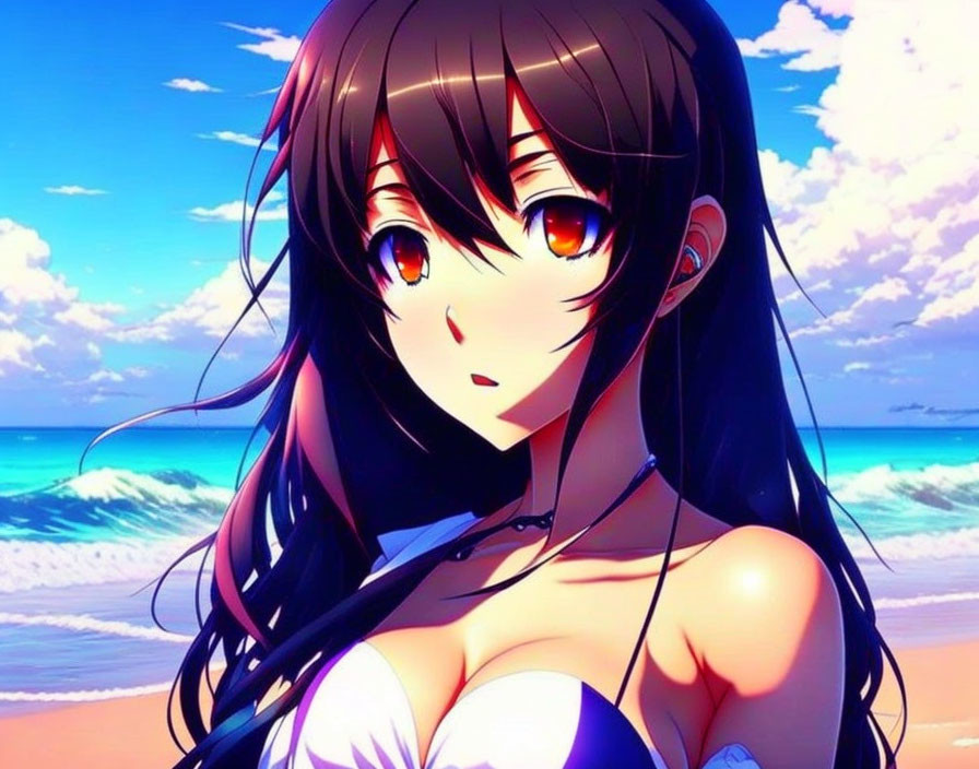 Anime-style illustration of girl with long dark hair and amber eyes at scenic beach