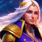 Digital art portrait of woman with white hair, blue eyes, gold tiara, shoulder armor, purple