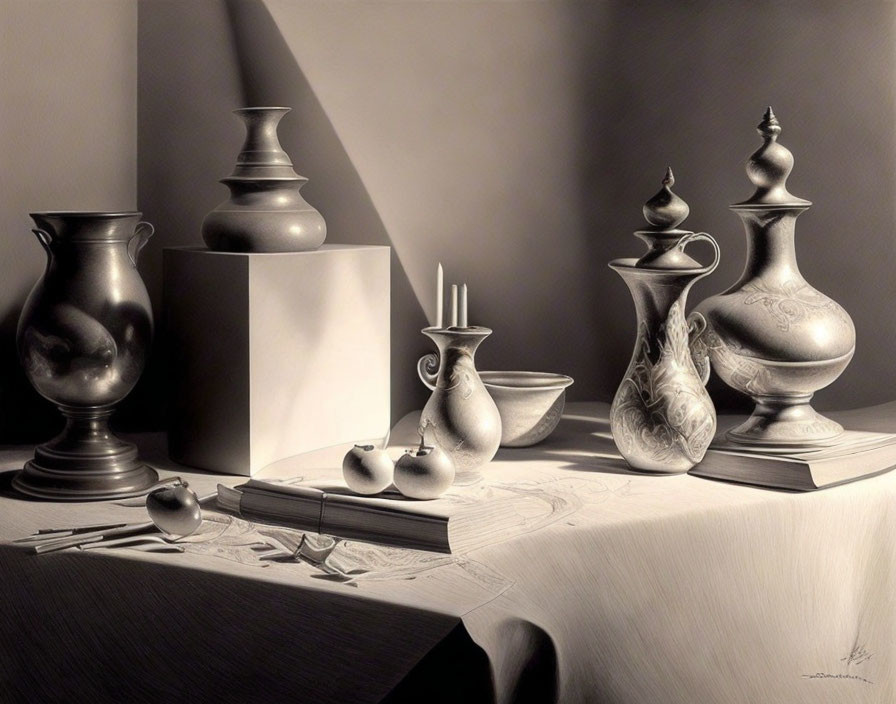 Monochrome still life with elegant vessels, draped fabric, book, and fruits on tabletop