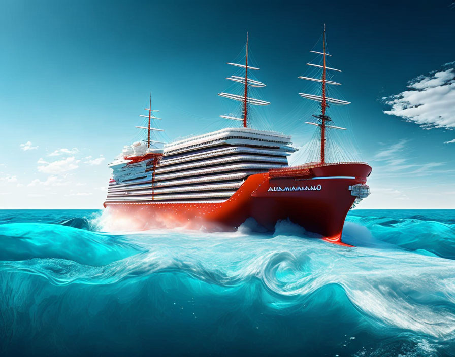 Futuristic red and white sail-like ship on deep blue sea waves