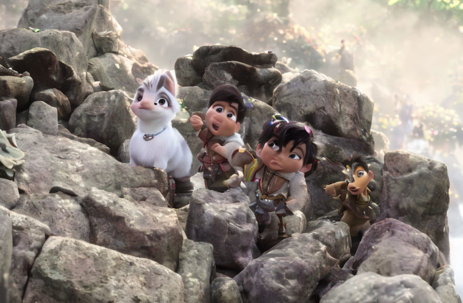 Animated characters: Rabbit with white mane and children climbing rocks in awe