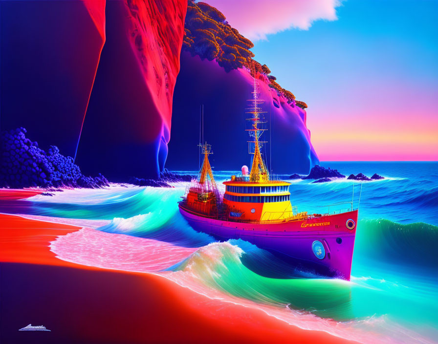 Colorful Ship on Neon Waves in Surreal Seascape