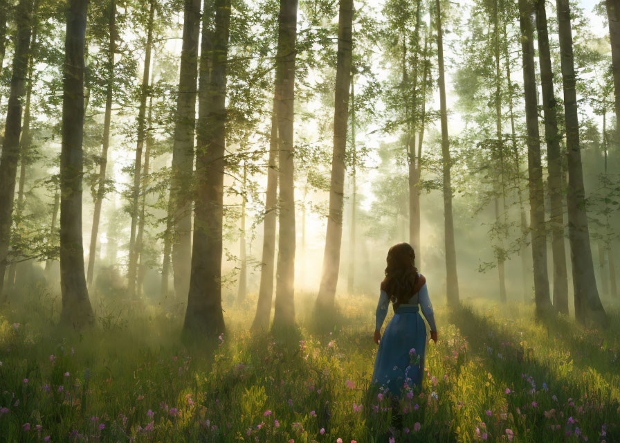 Person in Sunlit Forest Among Towering Trees and Purple Flowers
