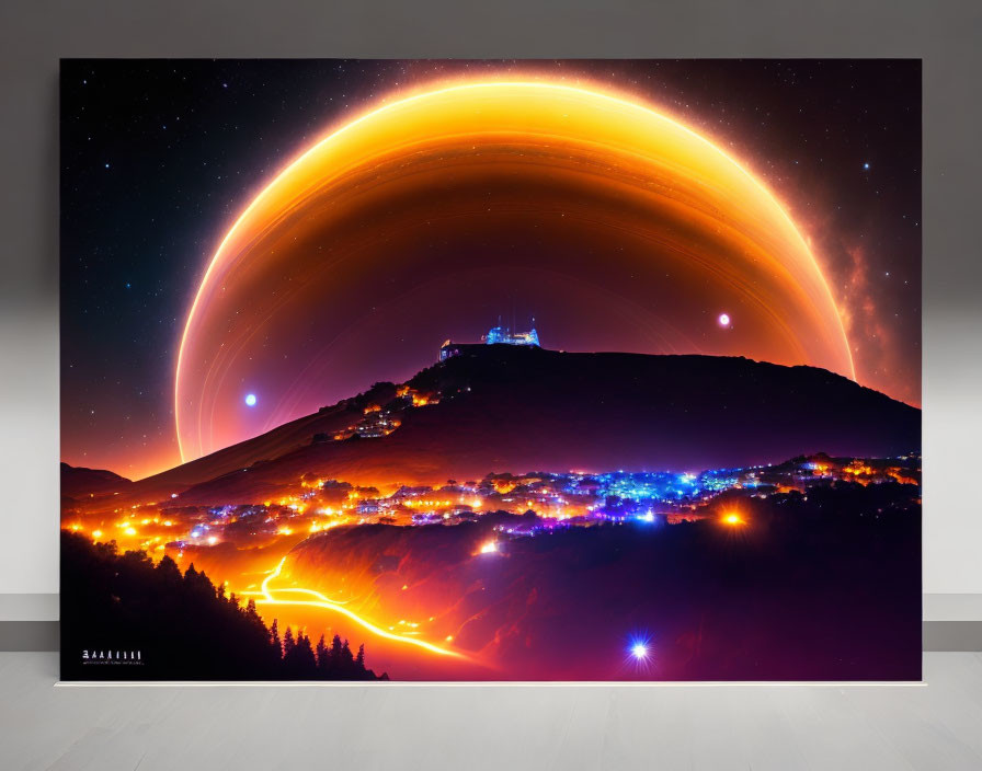Surreal landscape poster with glowing orange arc over mountain and city lights, displayed in room on wooden